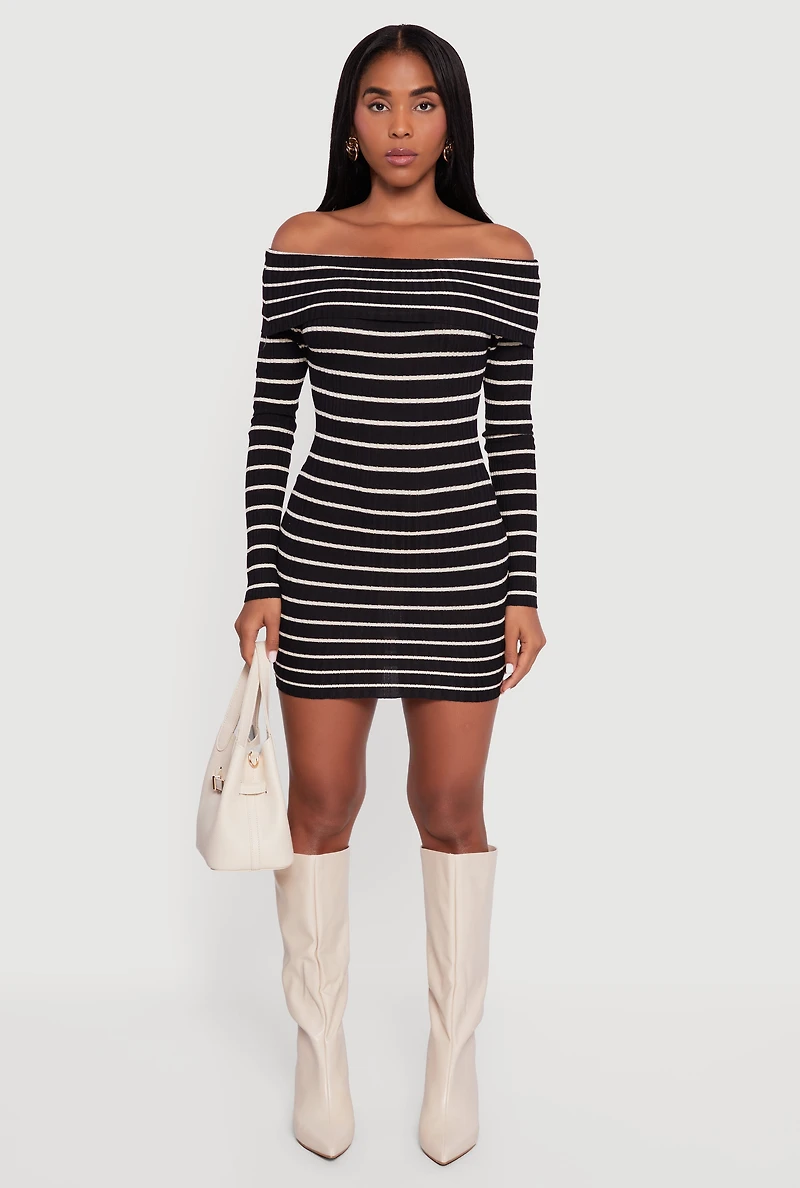 Striped Fold Over Off the Shoulder Bodycon Dress