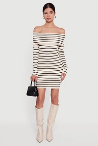 Womens Striped Fold Over Off the Shoulder Bodycon Dress, L