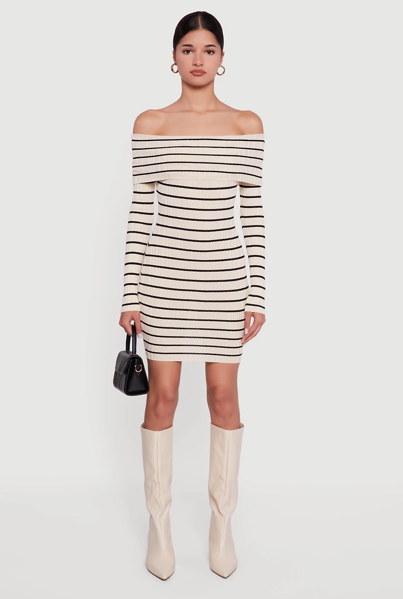 Womens Striped Fold Over Off the Shoulder Bodycon Dress, L