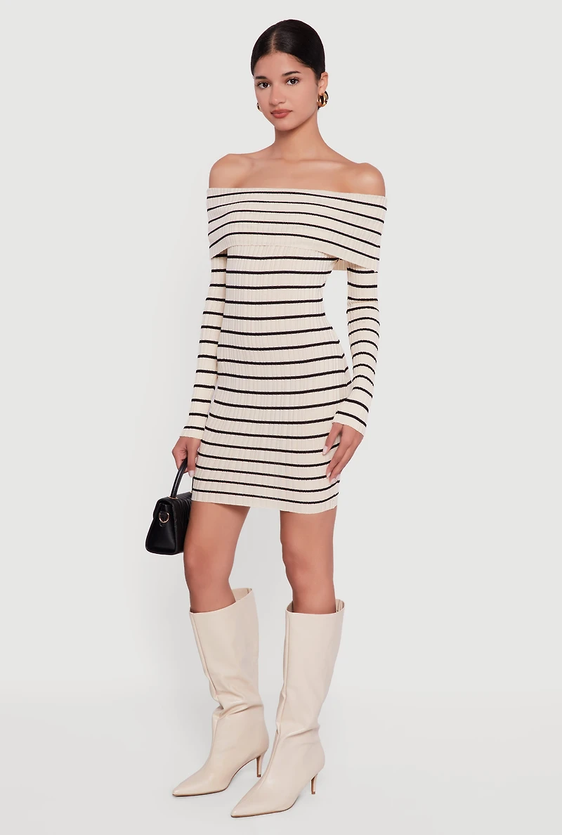 Womens Striped Fold Over Off the Shoulder Bodycon Dress, L