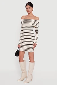 Womens Striped Fold Over Off the Shoulder Bodycon Dress, L