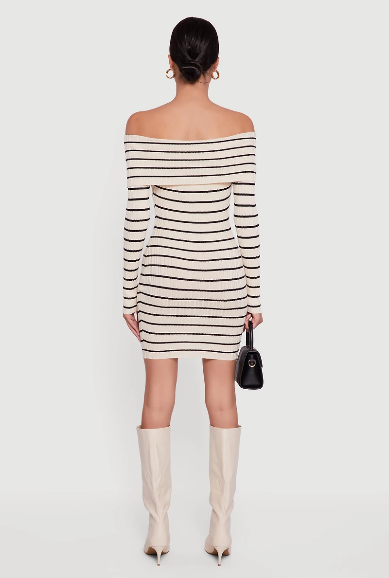 Womens Striped Fold Over Off the Shoulder Bodycon Dress, L