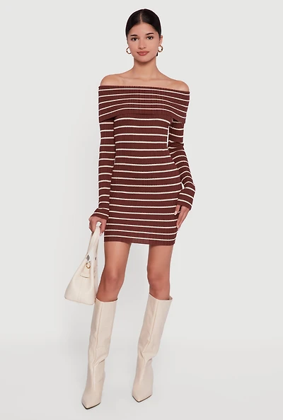 Womens Striped Fold Over Off the Shoulder Bodycon Dress,