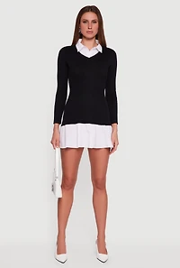 Womens Shirt Collar Layered Look Sweater Dress, Black, Size L