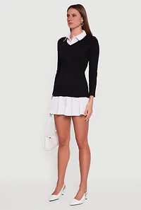 Womens Shirt Collar Layered Look Sweater Dress, Black, Size L