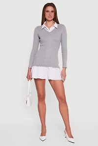 Womens Shirt Collar Layered Look Sweater Dress, Grey, Size S