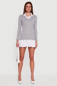 Womens Shirt Collar Layered Look Sweater Dress, Grey, Size L