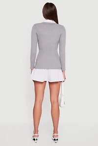 Womens Shirt Collar Layered Look Sweater Dress, Grey, Size S