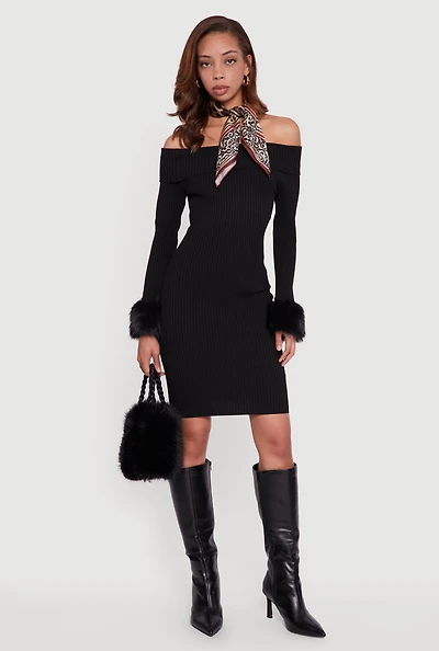 Womens Faux Fur Cuff Fold Over Off the Shoulder Sweater Dress, Black, Size M
