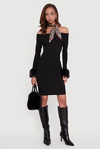 Womens Faux Fur Cuff Fold Over Off the Shoulder Sweater Dress, Black, Size M