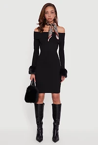 Womens Faux Fur Cuff Fold Over Off the Shoulder Sweater Dress, Black, Size M