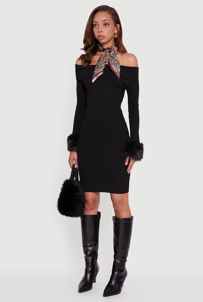 Womens Faux Fur Cuff Fold Over Off the Shoulder Sweater Dress, Black, Size M