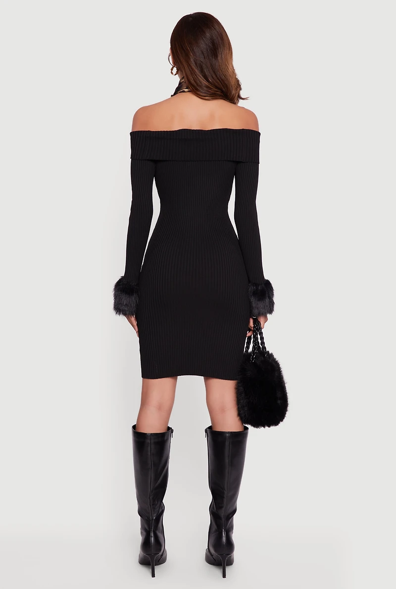 Womens Faux Fur Cuff Fold Over Off the Shoulder Sweater Dress, Black, Size M