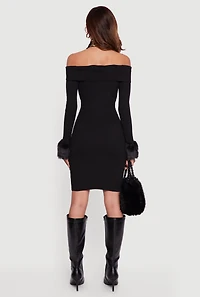 Womens Faux Fur Cuff Fold Over Off the Shoulder Sweater Dress, Black, Size M