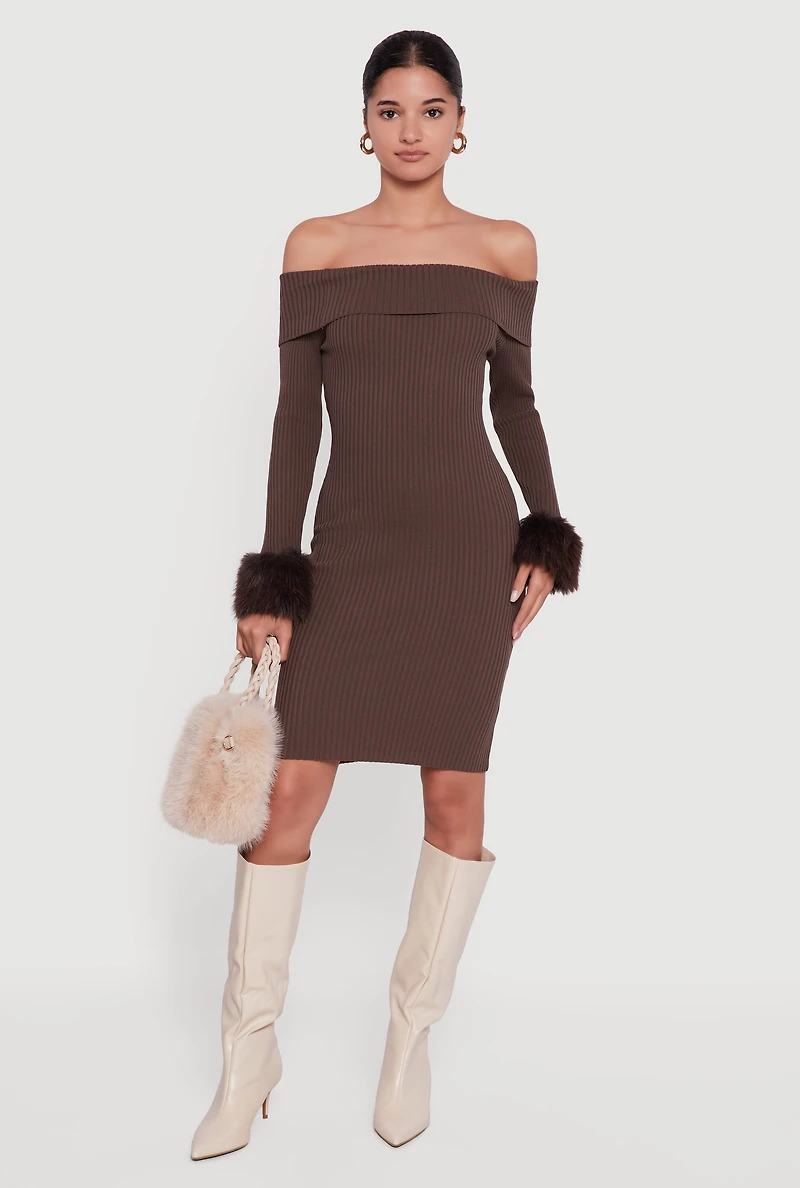 Faux Fur Cuff Fold Over Off the Shoulder Sweater Dress