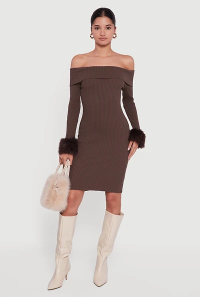 Faux Fur Cuff Fold Over Off the Shoulder Sweater Dress