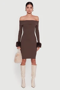 Faux Fur Cuff Fold Over Off the Shoulder Sweater Dress