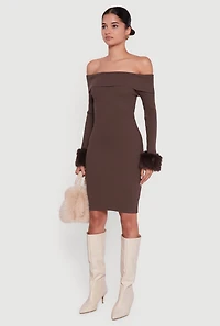 Faux Fur Cuff Fold Over Off the Shoulder Sweater Dress