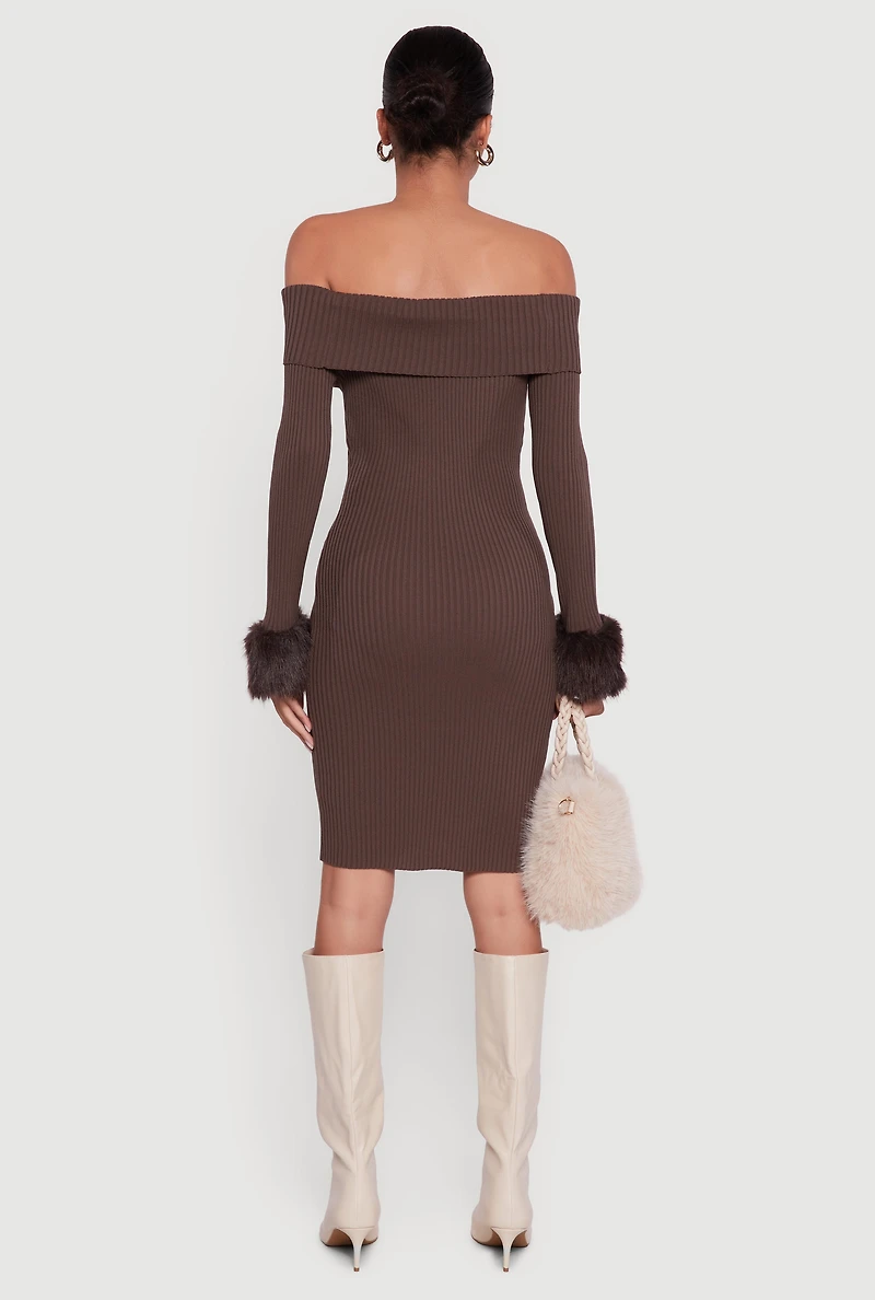 Faux Fur Cuff Fold Over Off the Shoulder Sweater Dress