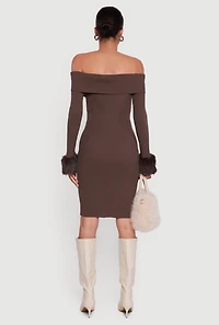 Faux Fur Cuff Fold Over Off the Shoulder Sweater Dress