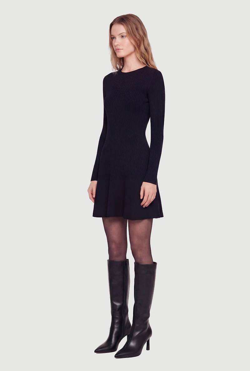 Rib Knit Long Sleeve Crew Neck Mini Sweater Dress