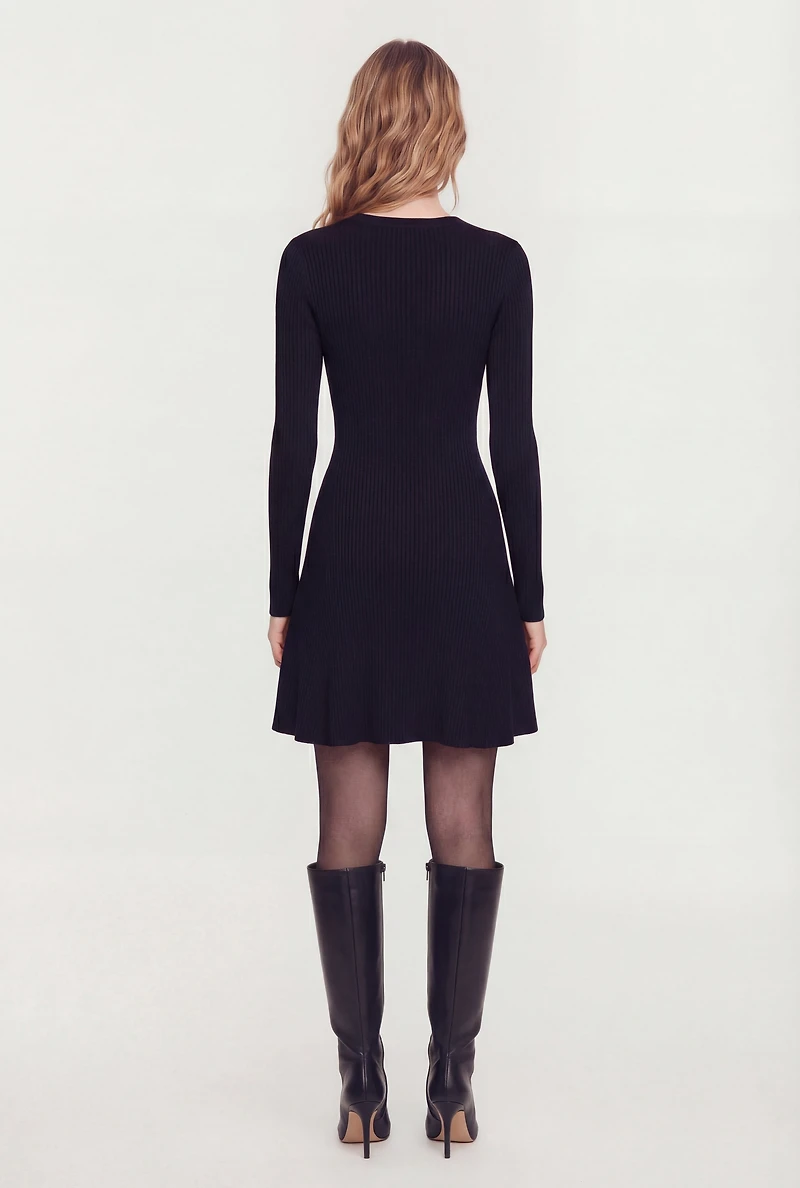 Rib Knit Long Sleeve Crew Neck Mini Sweater Dress