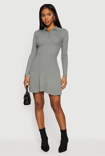 Rib Knit Long Sleeve Polo Sweater Dress