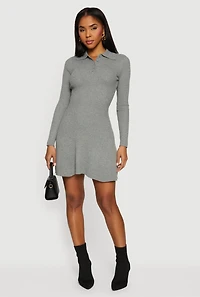 Rib Knit Long Sleeve Polo Sweater Dress