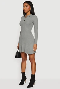 Rib Knit Long Sleeve Polo Sweater Dress