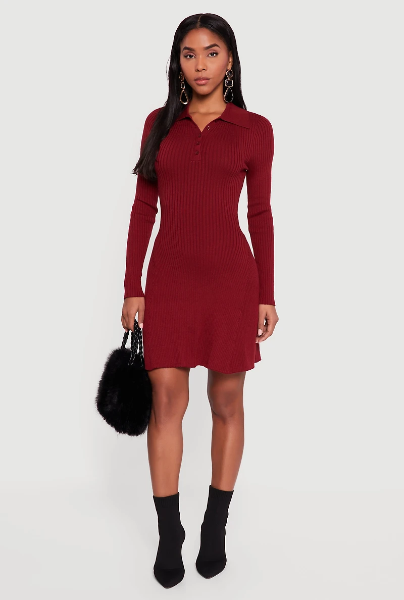 Womens Rib Knit Long Sleeve Polo Sweater Dress, Burgundy, Size M