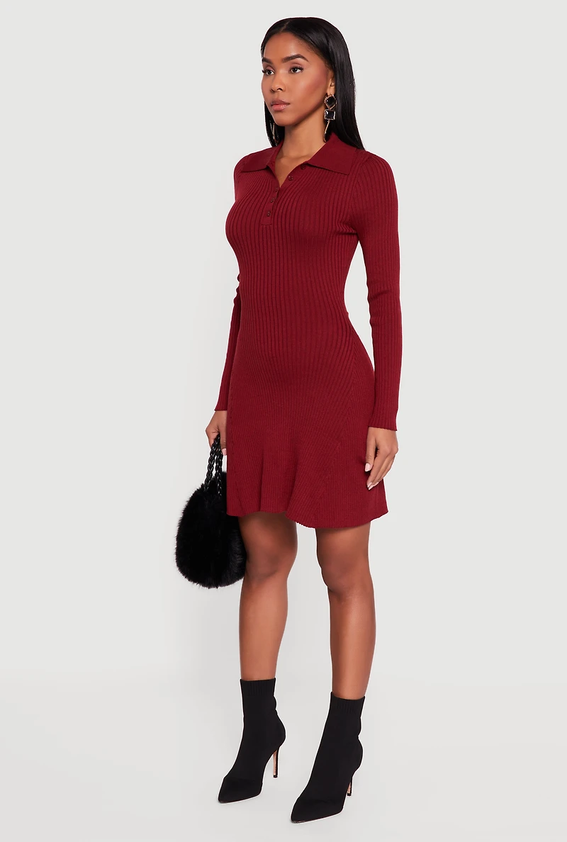 Womens Rib Knit Long Sleeve Polo Sweater Dress, Burgundy, Size M