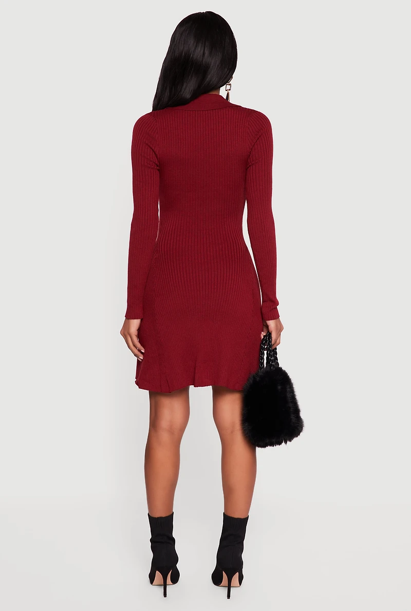 Womens Rib Knit Long Sleeve Polo Sweater Dress, Burgundy, Size M