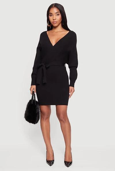 Womens Tie Waist Belted Long Sleeve Faux Wrap Sweater Dress, M