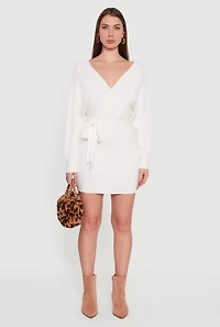 Tie Waist Belted Long Sleeve Faux Wrap Sweater Dress