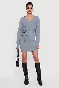 Tie Waist Belted Long Sleeve Faux Wrap Sweater Dress