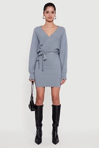 Womens Tie Waist Belted Long Sleeve Faux Wrap Sweater Dress, M