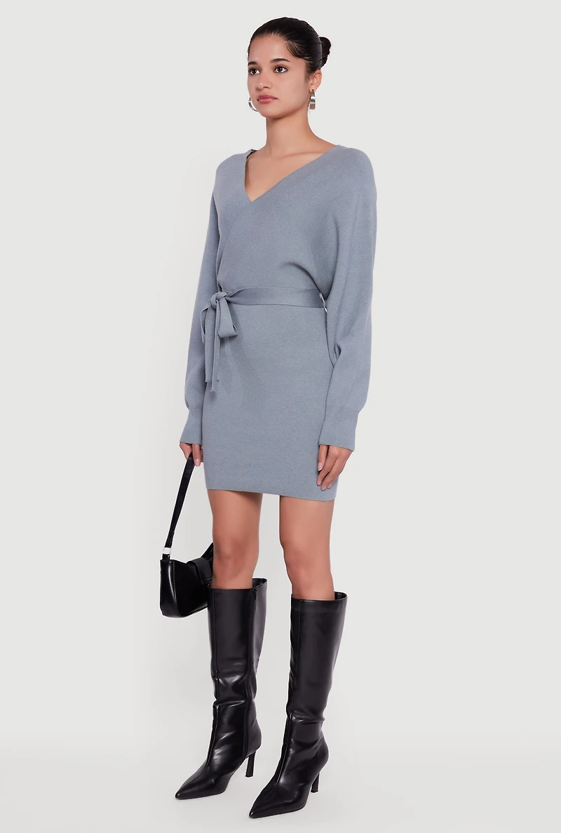 Womens Tie Waist Belted Long Sleeve Faux Wrap Sweater Dress, M