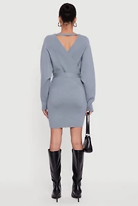 Womens Tie Waist Belted Long Sleeve Faux Wrap Sweater Dress, M