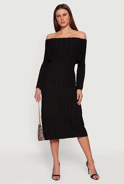 Womens Fold Over Off the Shoulder Ribbed Knit Midi Dress,
