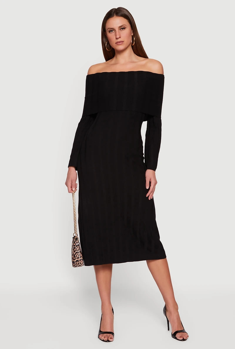 Fold Over Off the Shoulder Ribbed Knit Midi Dress