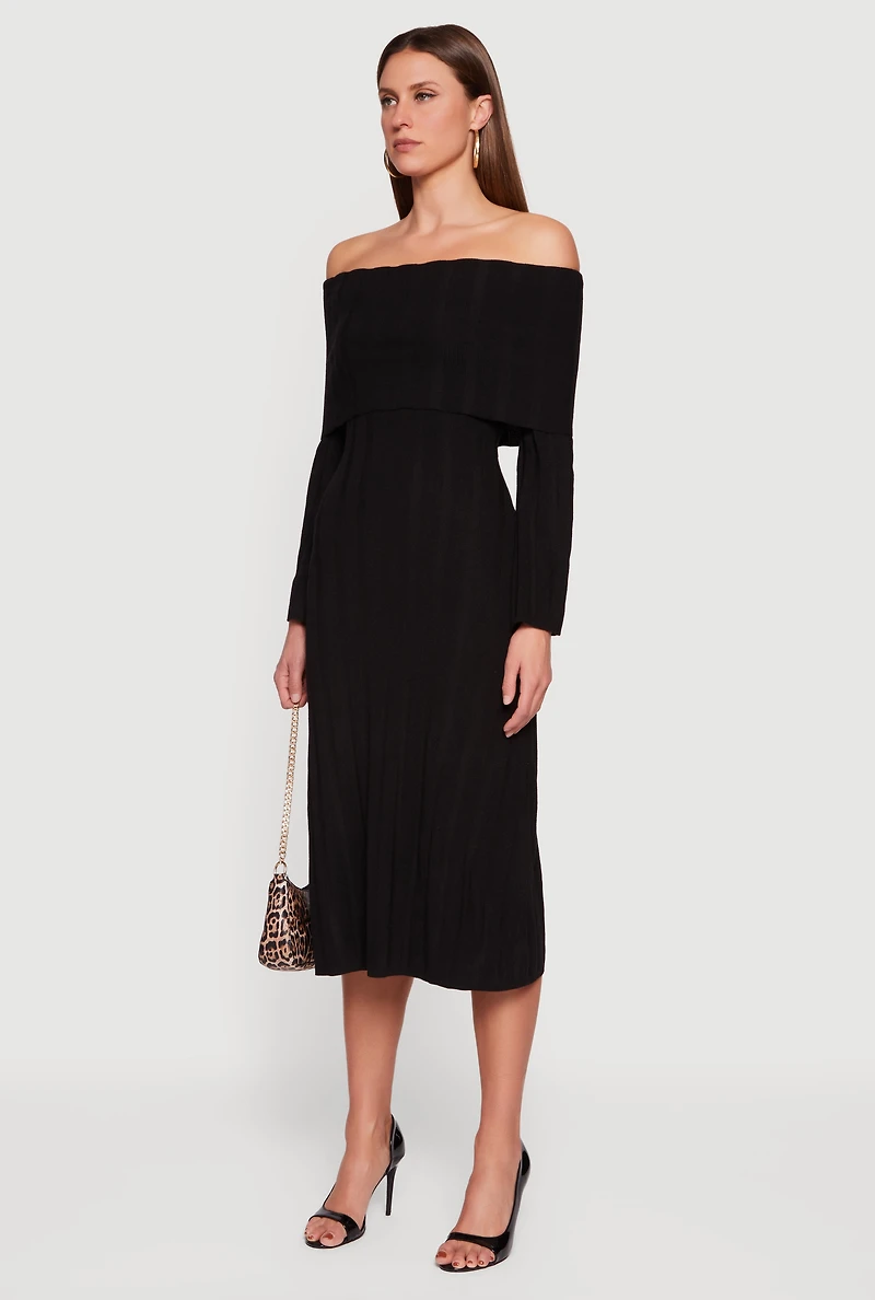 Fold Over Off the Shoulder Ribbed Knit Midi Dress