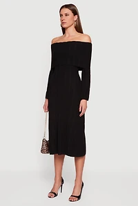 Fold Over Off the Shoulder Ribbed Knit Midi Dress