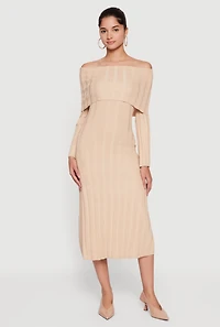 Fold Over Off the Shoulder Ribbed Knit Midi Dress