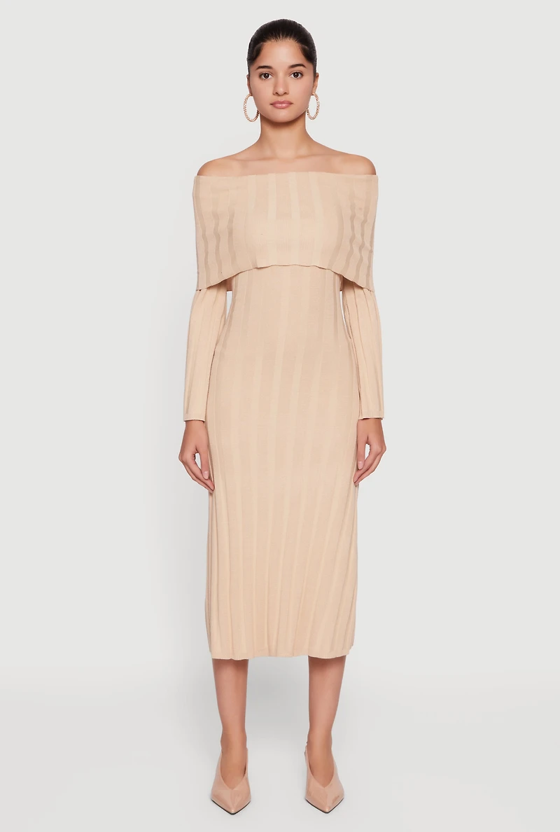 Fold Over Off the Shoulder Ribbed Knit Midi Dress