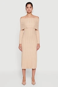 Fold Over Off the Shoulder Ribbed Knit Midi Dress