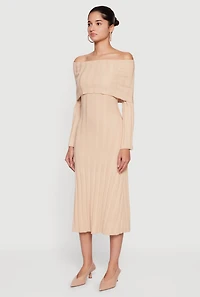 Fold Over Off the Shoulder Ribbed Knit Midi Dress