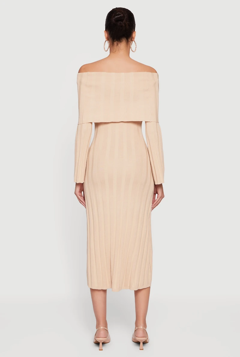 Fold Over Off the Shoulder Ribbed Knit Midi Dress