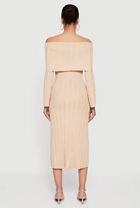 Fold Over Off the Shoulder Ribbed Knit Midi Dress