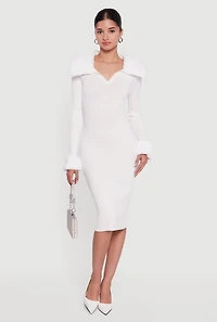 Midi Sweater Dress with Removable Faux Fur Collar and Cuffs