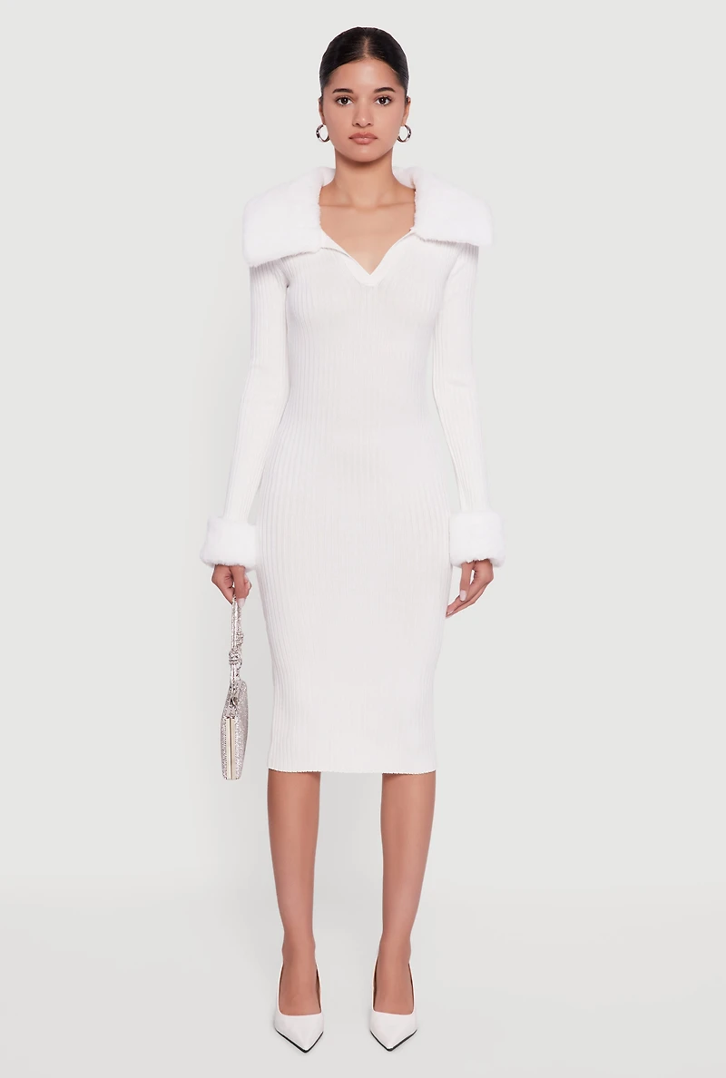 Midi Sweater Dress with Removable Faux Fur Collar and Cuffs